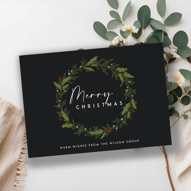 BLACK CORPORATE CHIC HOLLY BERRY WREATH CHRISTMAS HOLIDAY CARD (Creator Uploaded)