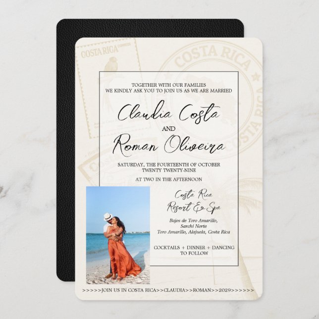 Black Costa Rica Passport Wedding Invitation (Front/Back)