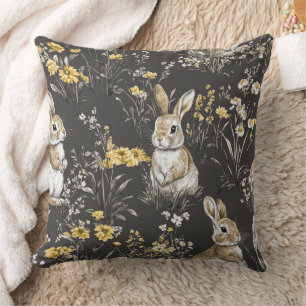 Black Cottagecore Rabbit Floral Toile Pattern Cushion