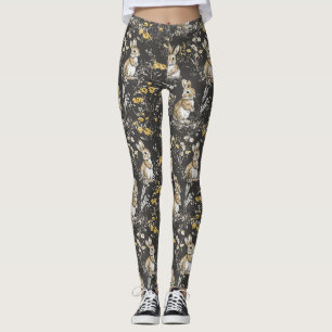 Black Cottagecore Rabbit Floral Toile Pattern Leggings