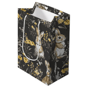 Black Cottagecore Rabbit Floral Toile Pattern Medium Gift Bag