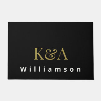 Black Couple Monogram Gold White Modern Minimalist Doormat
