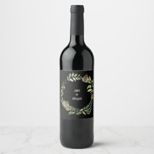 Black Couple Names Fall Foliage Pine Cones Wedding Wine Label