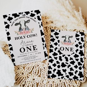 Black Cow Print Arch Floral Holy Cow 1st Birthday Invitation