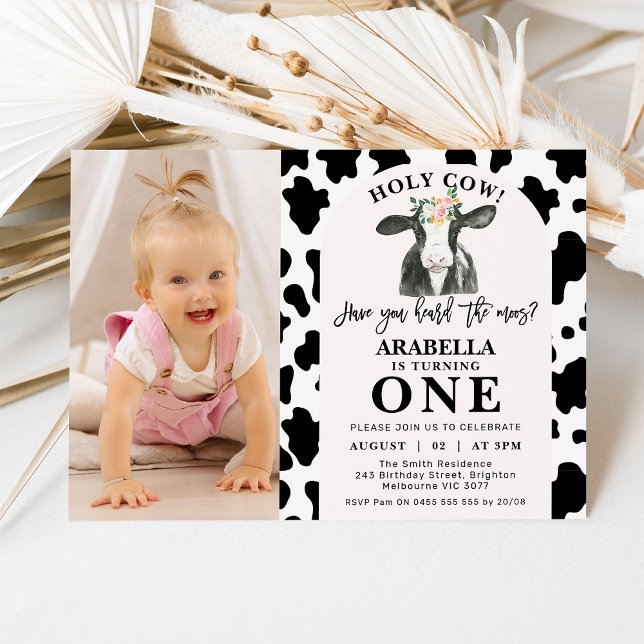 Black Cow Print Arch Photo Holy Cow 1st Birthday Invitation (Black and white cow print, holy cow 1st birthday invitation featuring a cute cow and pink arch.)