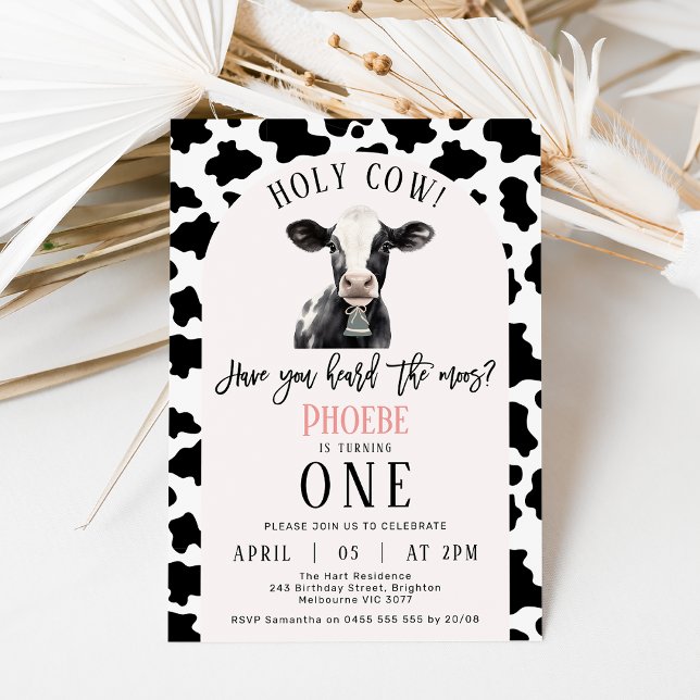 Black Cow Print Pink Arch Holy Cow 1st Birthday Invitation (Sweet holy cow themed 1st birthday invitation featuring a black and white cow, cow print and cowbell)