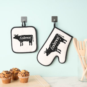 Black cow silhouette personalised oven mitt & pot holder set