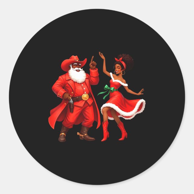 Black Cowboy And Santa Cowgirl Christmas Western X Classic Round Sticker (Front)