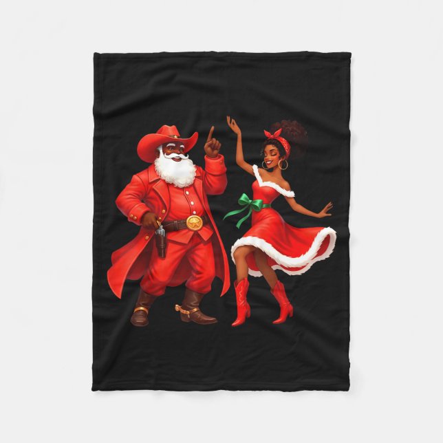 Black Cowboy And Santa Cowgirl Christmas Western X Fleece Blanket (Front)