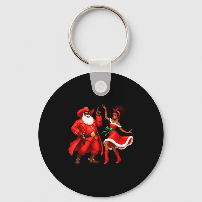 Black Cowboy And Santa Cowgirl Christmas Western X Key Ring (Front)