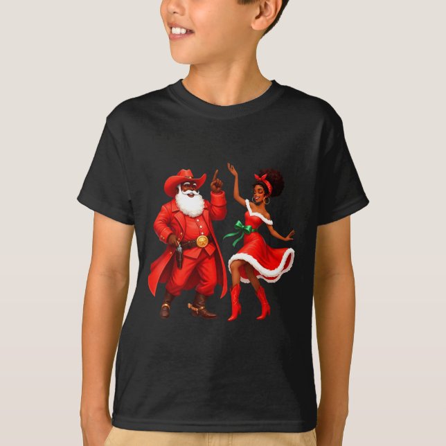 Black Cowboy And Santa Cowgirl Christmas Western X T-Shirt (Front)