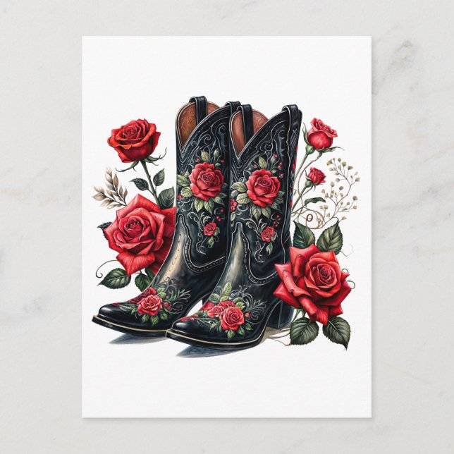 Black Cowboy Boots With Red Roses Postcard (Front)