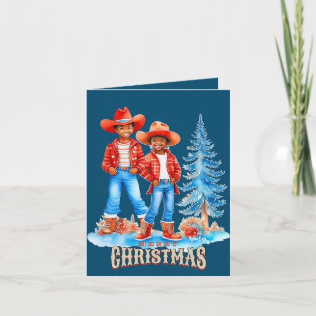 Black Cowboy Cowgirl Couple Winter Christmas Scene Holiday Card (Front)