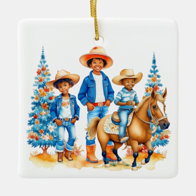 Black Cowboy Cowgirl Kids With Horse  Christmas Ceramic Ornament (Front)
