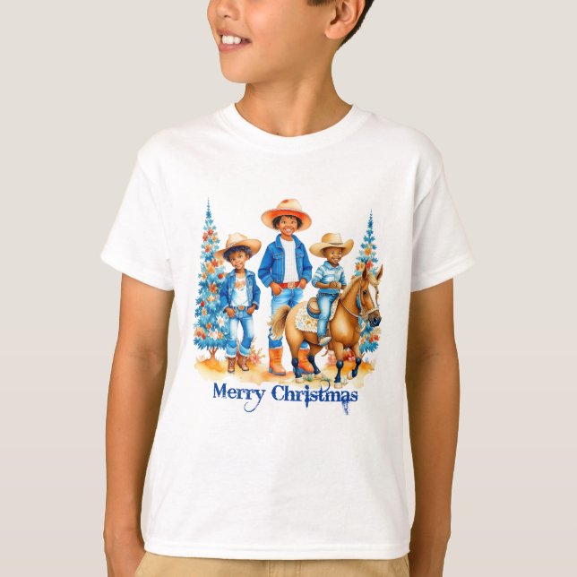 Black Cowboy Cowgirl Kids With Horse Merry Christm T-Shirt (Front)