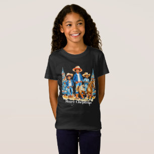 Black Cowboy Cowgirl Kids With Horse Merry Christm T-Shirt