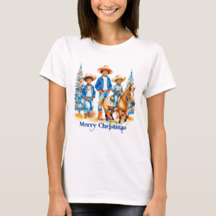 Black Cowboy Cowgirl Kids With Horse Merry Christm T-Shirt