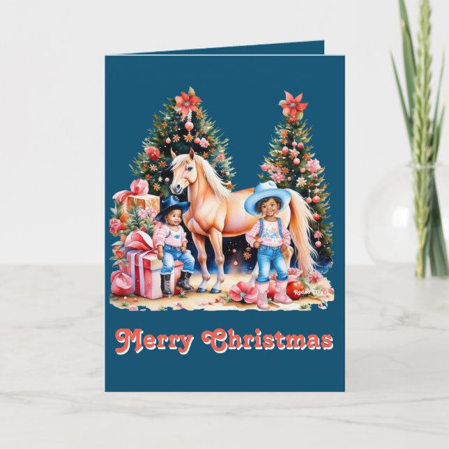 Black Cowgirl Winter Scene Horse Merry Christmas  Holiday Card (Front)