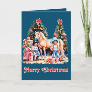 Black Cowgirl Winter Scene Horse Merry Christmas Holiday Card