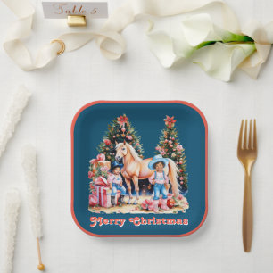 Black Cowgirl Winter Scene Horse Merry Christmas  Paper Plate