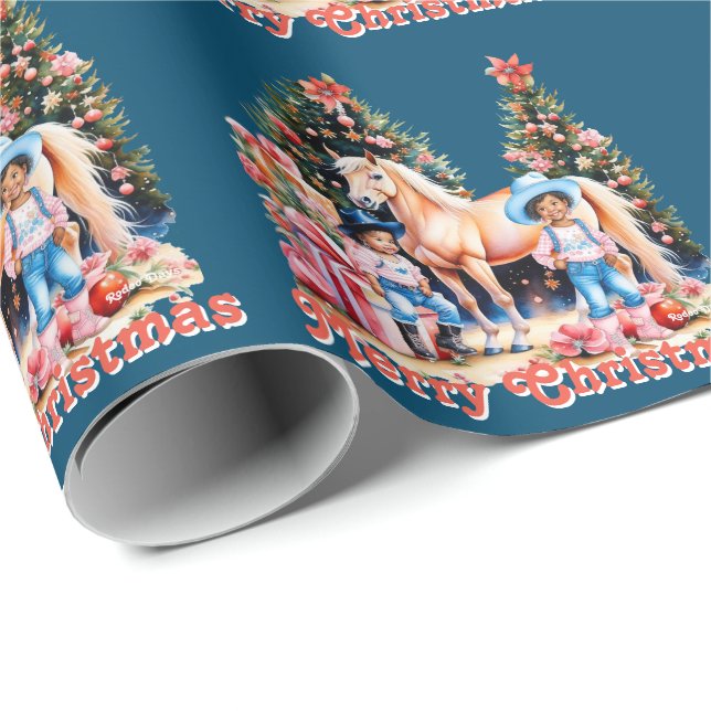 Black Cowgirl Winter Scene Horse Merry Christmas Wrapping Paper (Roll Corner)