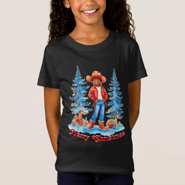 Black Cowgirl Winter Scene Merry Christmas T-Shirt (Front)