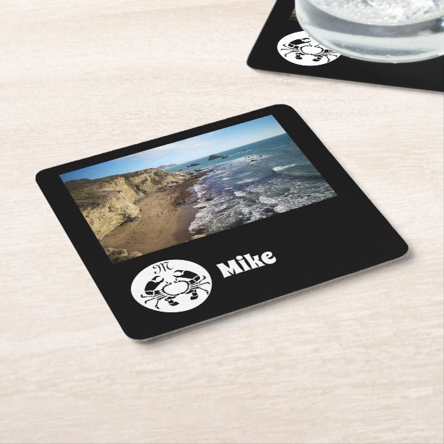 Black Crab Monogram Photo Name Square Paper Coaster (Angled)