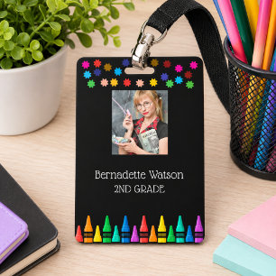 Black Crayons & Stars Colourful School Teacher ID Badge