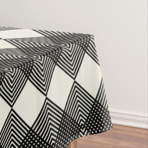 Black Cream Art Deco Diamond Circuit Board Pattern Tablecloth