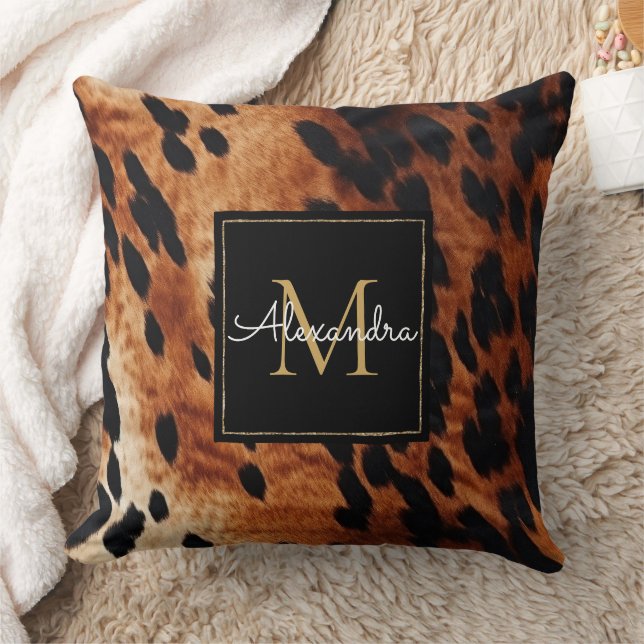 Black Cream Brown Cowhide Gold Monogram  Cushion (Blanket)