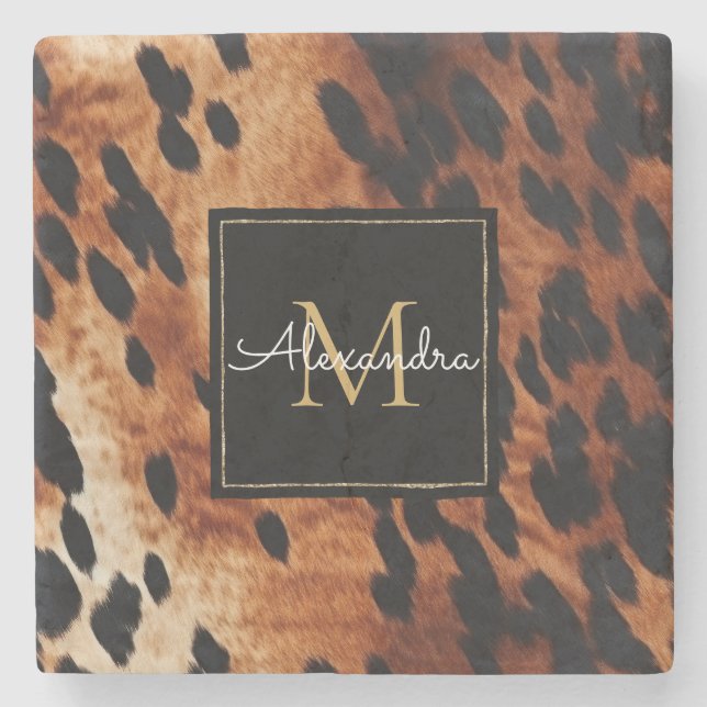 Black Cream Brown Cowhide Gold Monogram  Stone Coaster (Front)