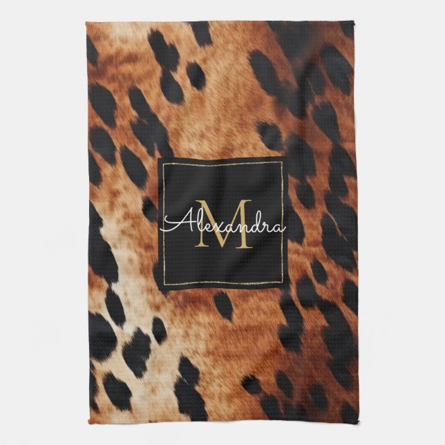 Black Cream Brown Cowhide Gold Monogram  Tea Towel (Vertical)