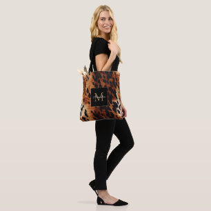 Black Cream Brown Cowhide Gold Monogram  Tote Bag