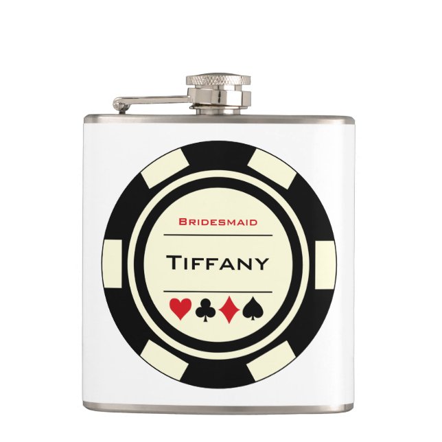 Black Cream Casino Poker Chip Wedding Bridesmaid Hip Flask (Front)
