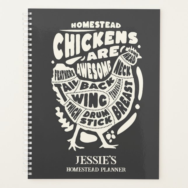 Black Cream Chicken Art Personalised Homestead  Planner (Front)