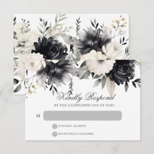 Black & Cream Dark Boho Floral Wedding RSVP Card