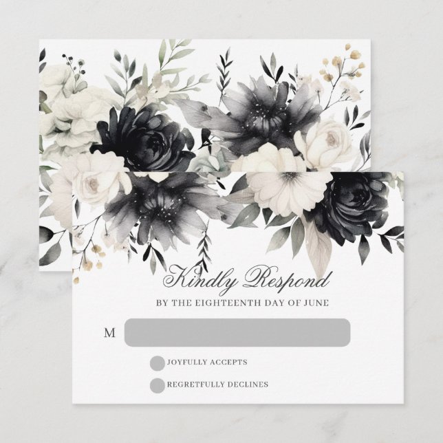 Black & Cream Dark Boho Floral Wedding RSVP Card (Front/Back)