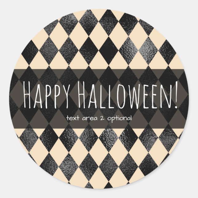 Black & Cream Diamond Pattern Whimsical Halloween Classic Round Sticker (Front)