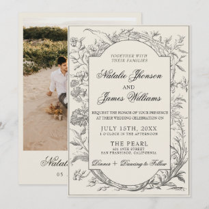 Black Cream Floral Boho Botanical Modern Wedding Invitation