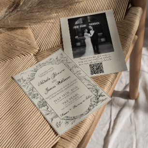 Black Cream Floral Botanical QR Code Photo Wedding Invitation
