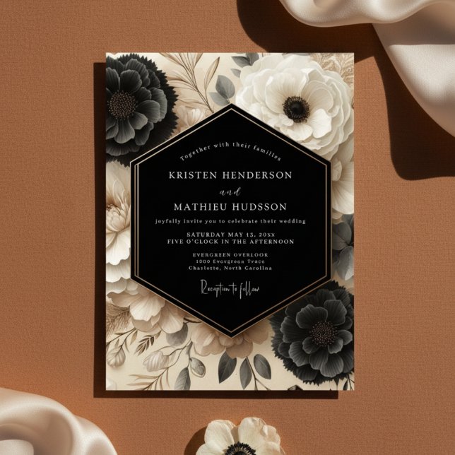 Black Cream Floral Opulent Wedding Invitation (Creator Uploaded)