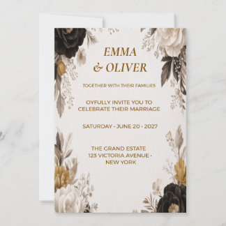 Black & Cream Floral Wedding Invitation