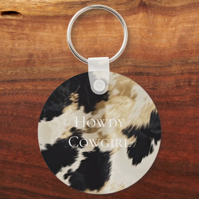 Black Cream Gold Western Cowhide Key Ring (Front)