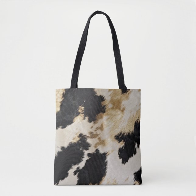 Black Cream Gold Western Cowhide Tote Bag (Front)