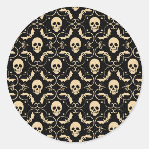Black & Cream Halloween Skulls & Bats Party Classic Round Sticker