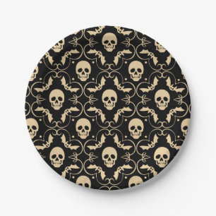 Black & Cream Halloween Skulls & Bats Party Paper Plate