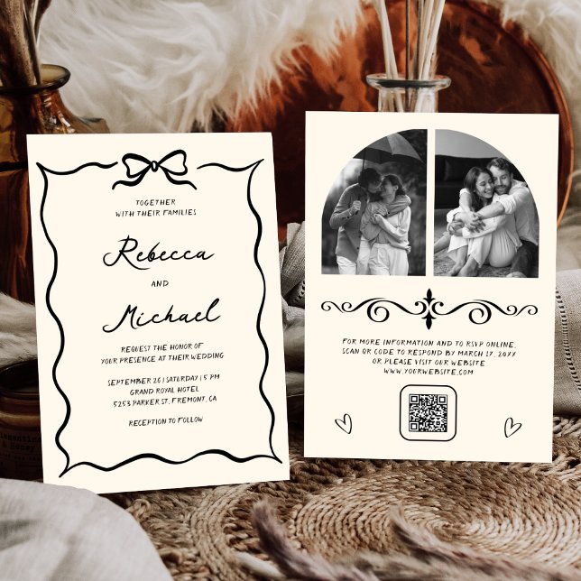 Black & Cream Hand Drawn Bow QR Code Photo Wedding Invitation (Creator Uploaded)