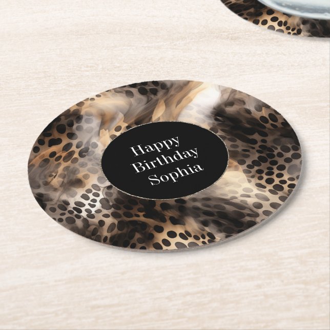 Black Cream Leopard Animal Birthday Round Paper Coaster (Angled)