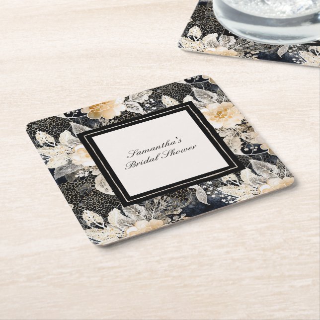 Black Cream Leopard Animal Floral Bridal Shower Square Paper Coaster (Angled)
