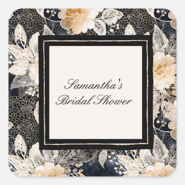 Black Cream Leopard Animal Floral Bridal Shower Square Sticker (Front)